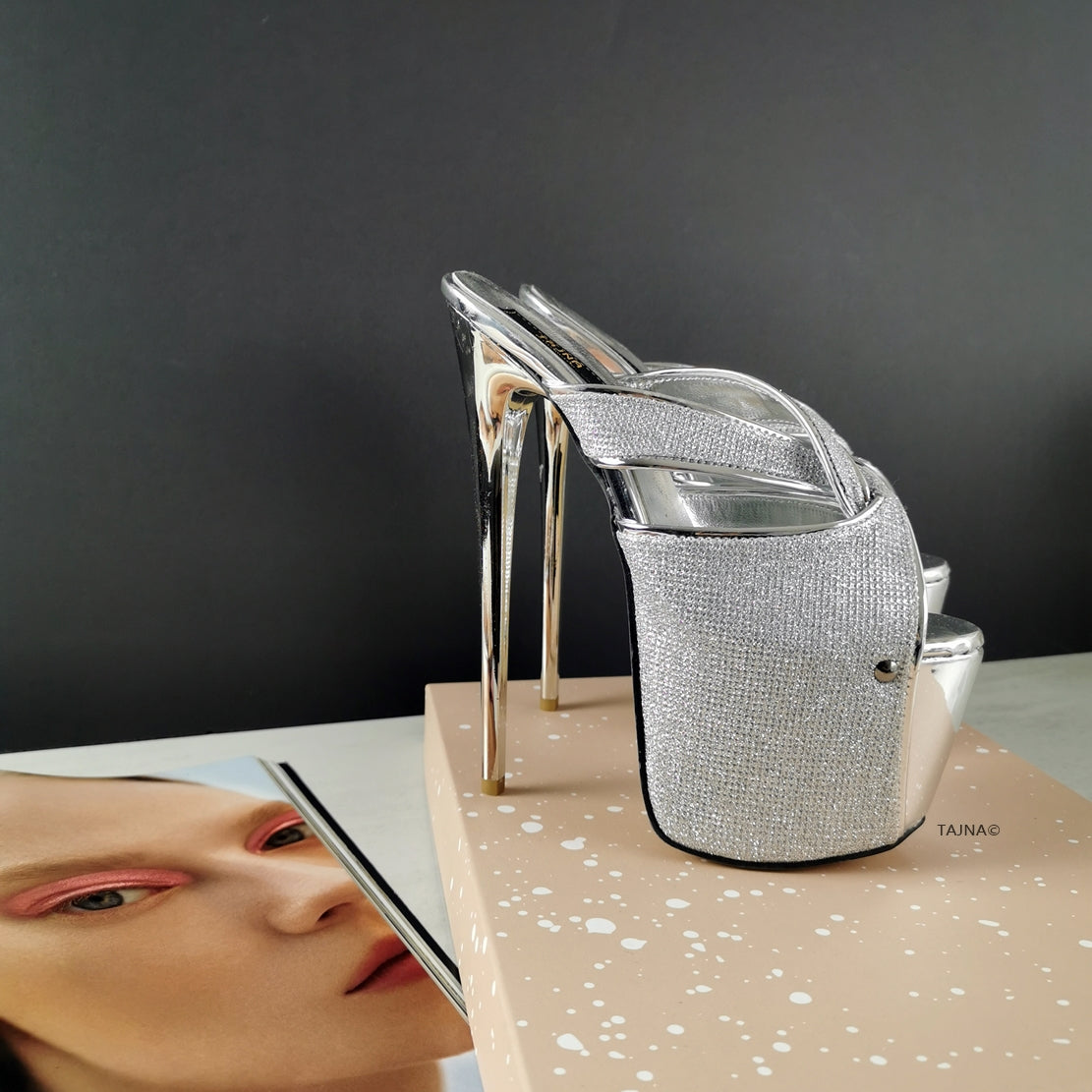 Silver Shimmer High Heel Mules - Tajna Club