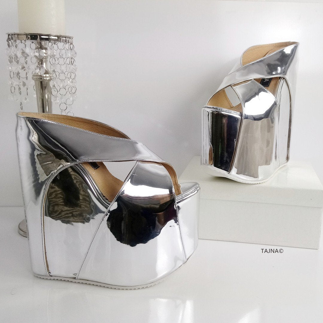 Silver Patent Mirror Platform Wedge Mules - Tajna Club