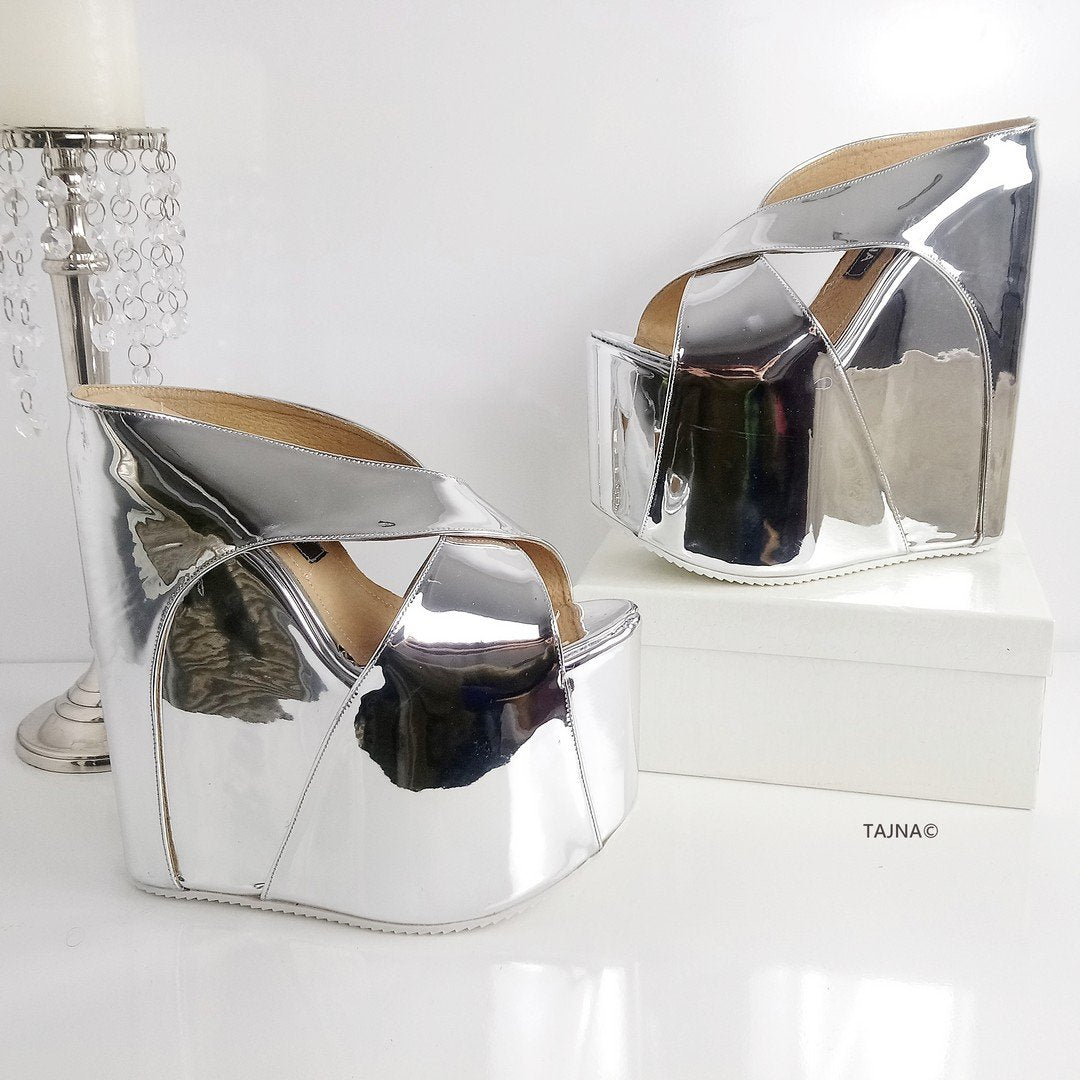 Silver Patent Mirror Platform Wedge Mules - Tajna Club