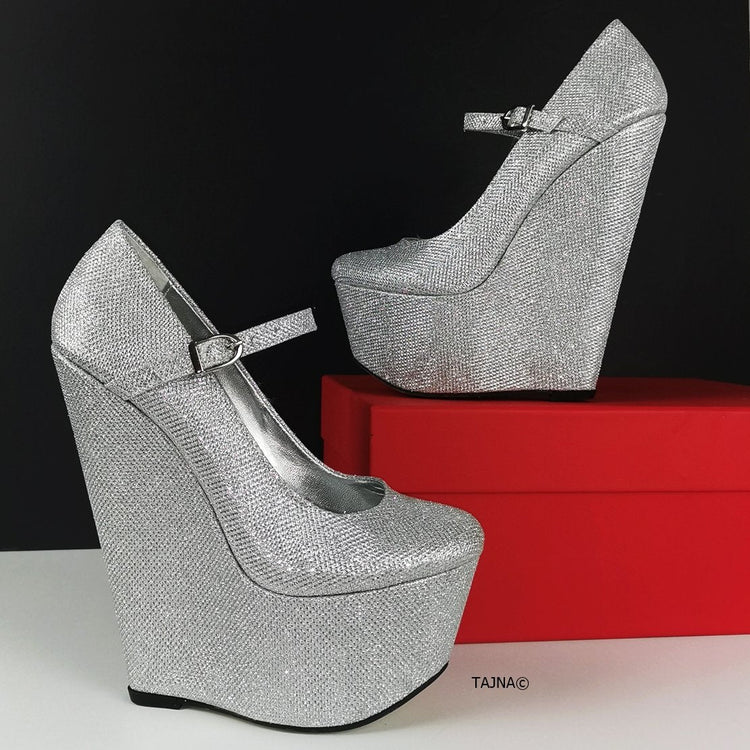 Silver High Heel Mary Jane Wedges - Tajna Club