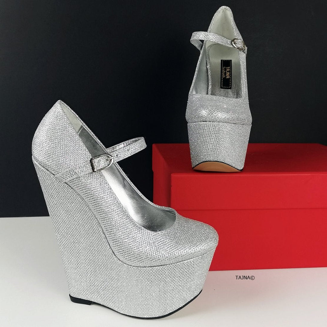 Silver High Heel Mary Jane Wedges - Tajna Club