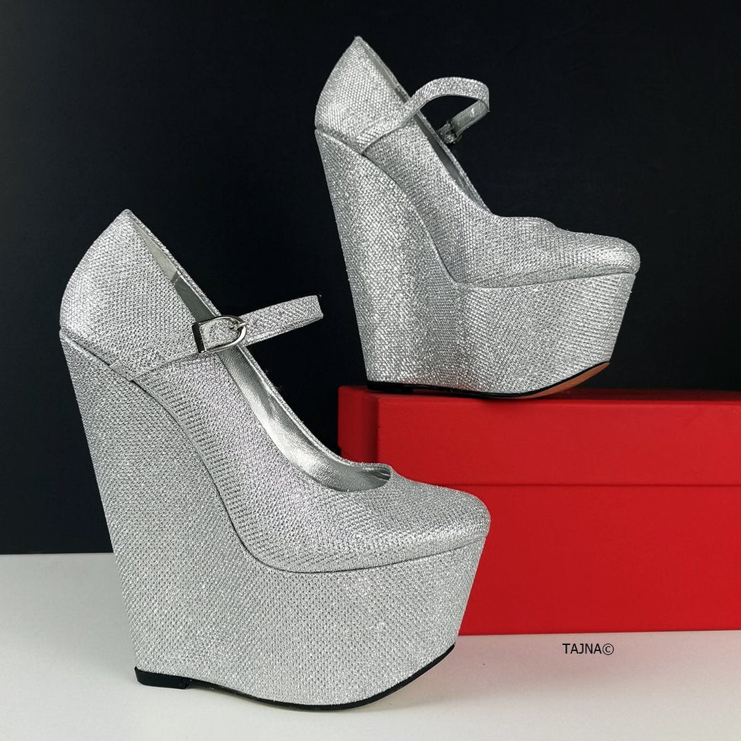 Silver High Heel Mary Jane Wedges - Tajna Club