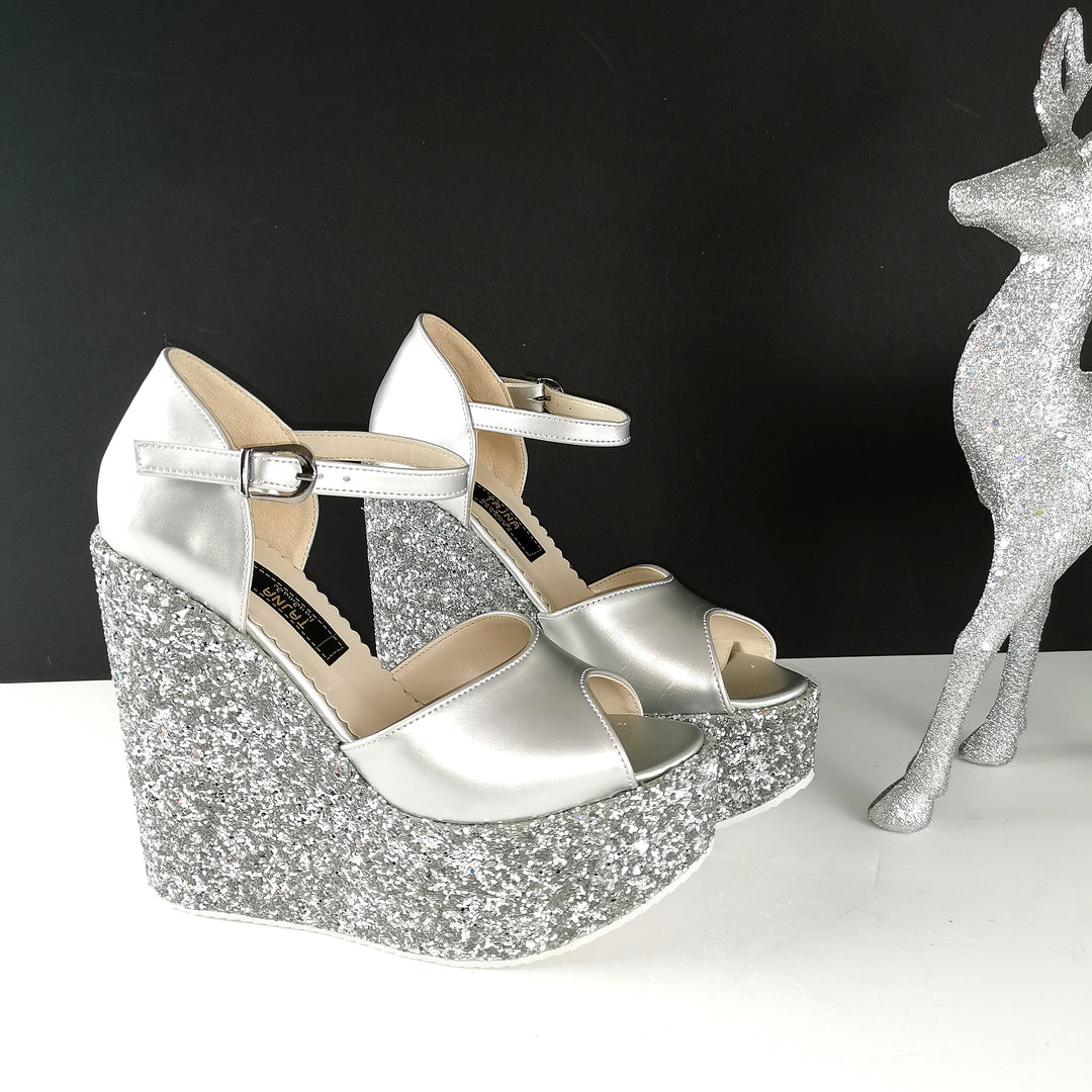 Silver Glitter Heel Platform Wedges - Tajna Club