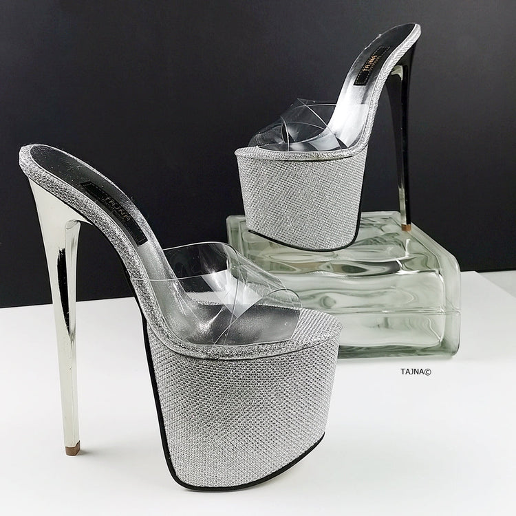 Silver Shine Transparent Clear Strap Mules - Tajna Club