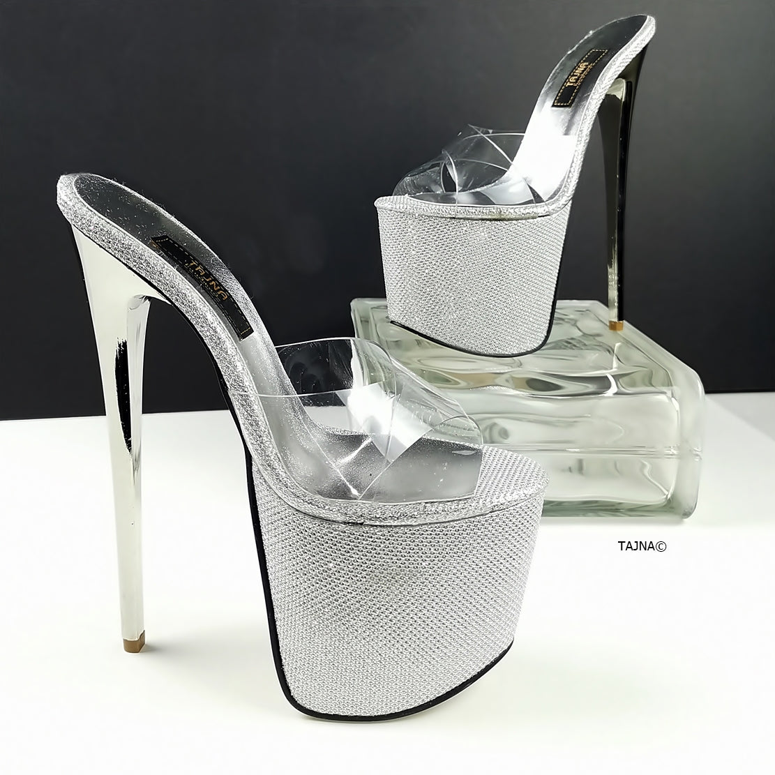 Silver Shine Transparent Clear Strap Mules - Tajna Club