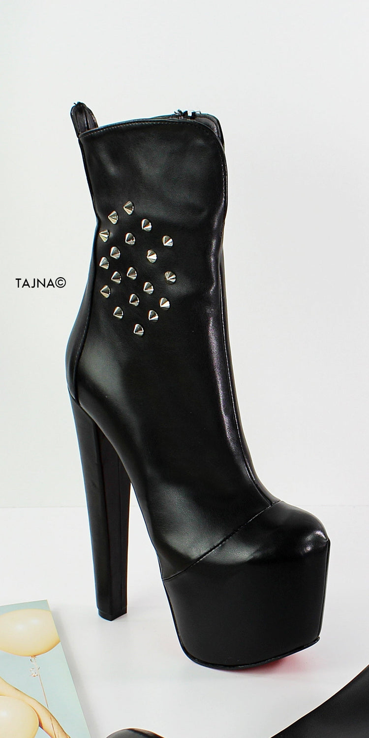 Spike Stud Black Chunky Heel Boots - Tajna Club