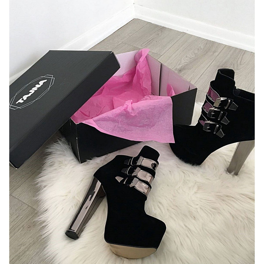 Metallic Belted Black Suede Ankle Booties - Tajna Club