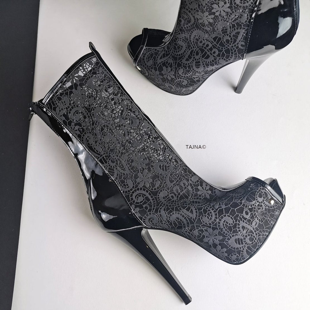Black Lace Peep Toe Ankle Boots - Tajna Club