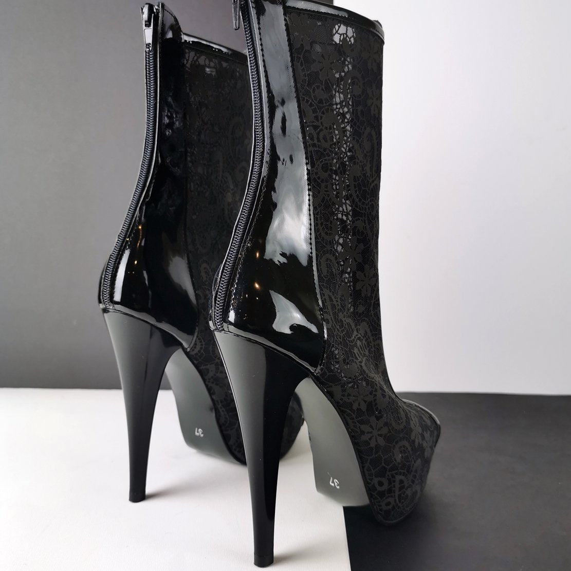 Black Lace Peep Toe Ankle Boots - Tajna Club