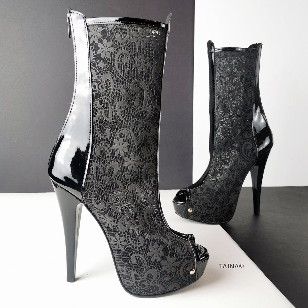 Black Lace Peep Toe Ankle Boots - Tajna Club