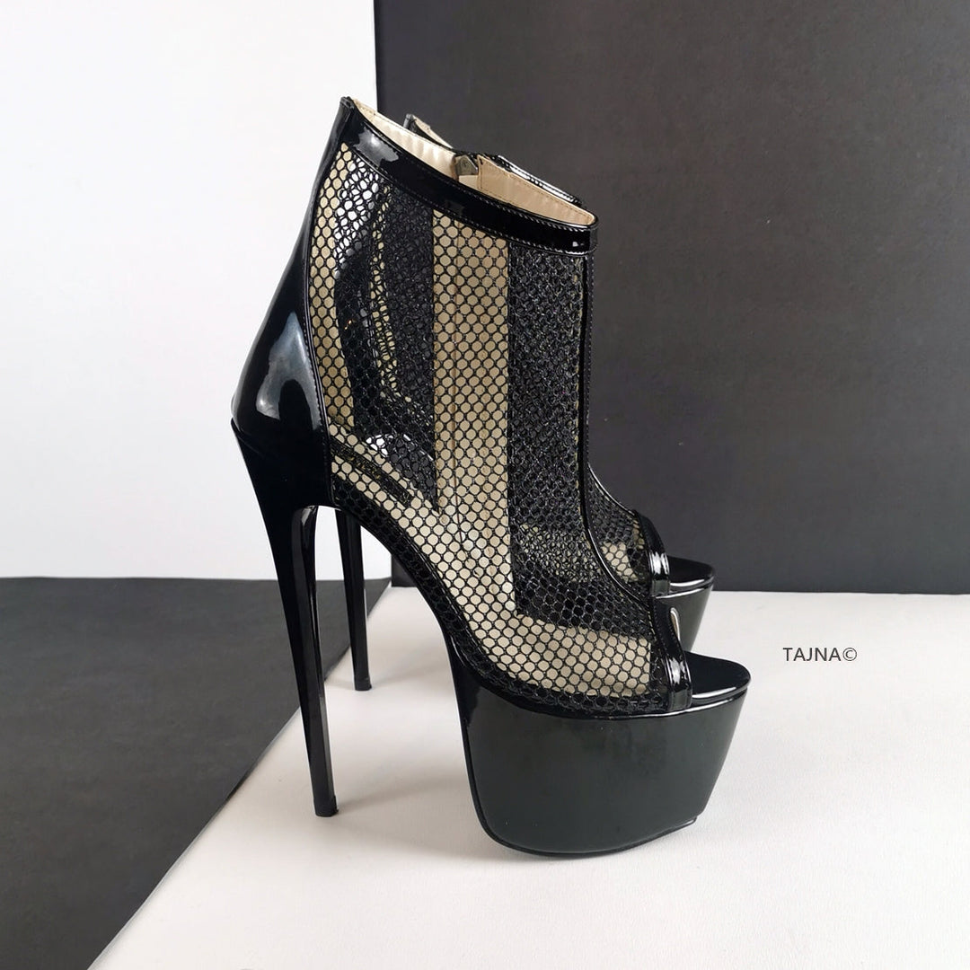 Black Fishnet Peep Toe Platforms - Tajna Club