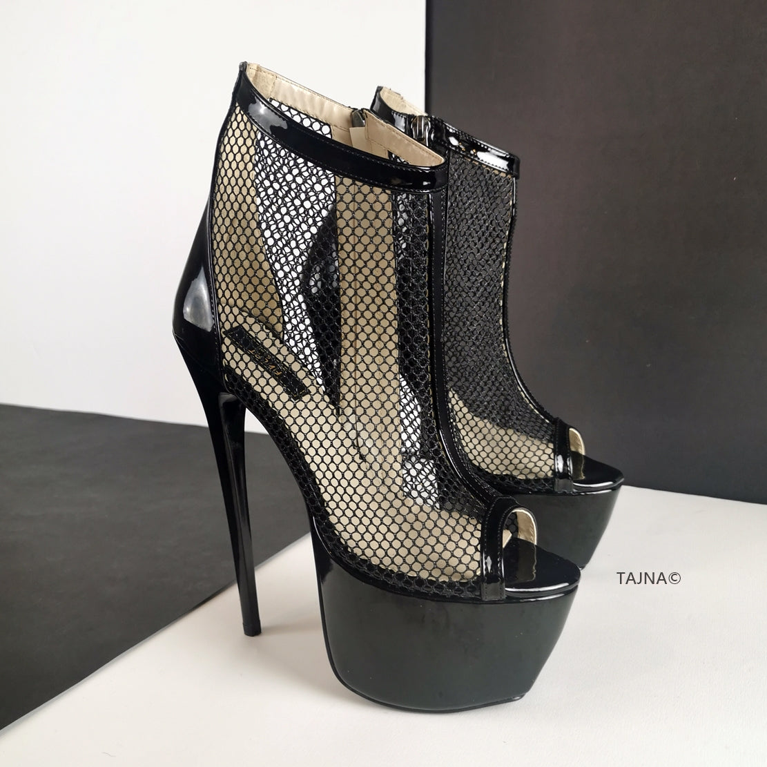Black Fishnet Peep Toe Platforms - Tajna Club