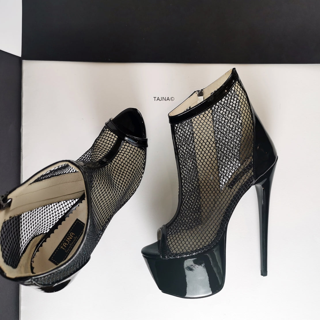 Black Fishnet Peep Toe Platforms - Tajna Club