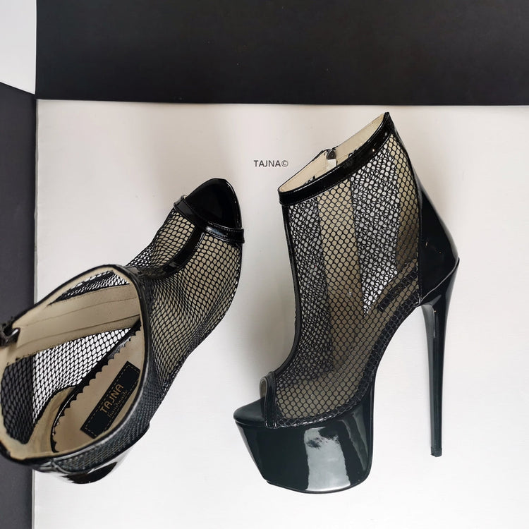 Black Fishnet Peep Toe Platforms - Tajna Club