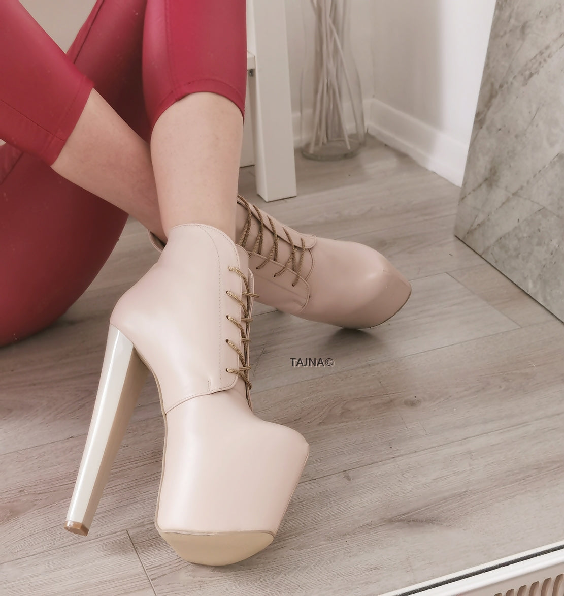 Ledna Nude Cream Lace Up Booties Tajna Shoes Tajna Club