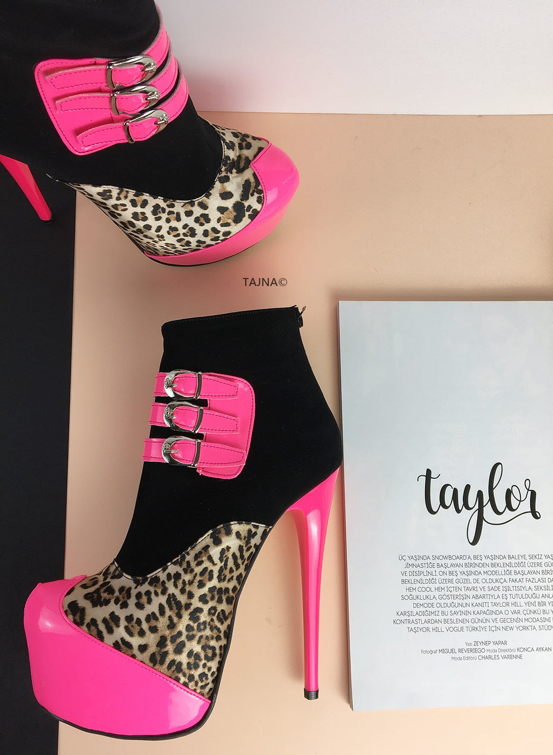 Pink Leopard Black Belted Boots - Tajna Club