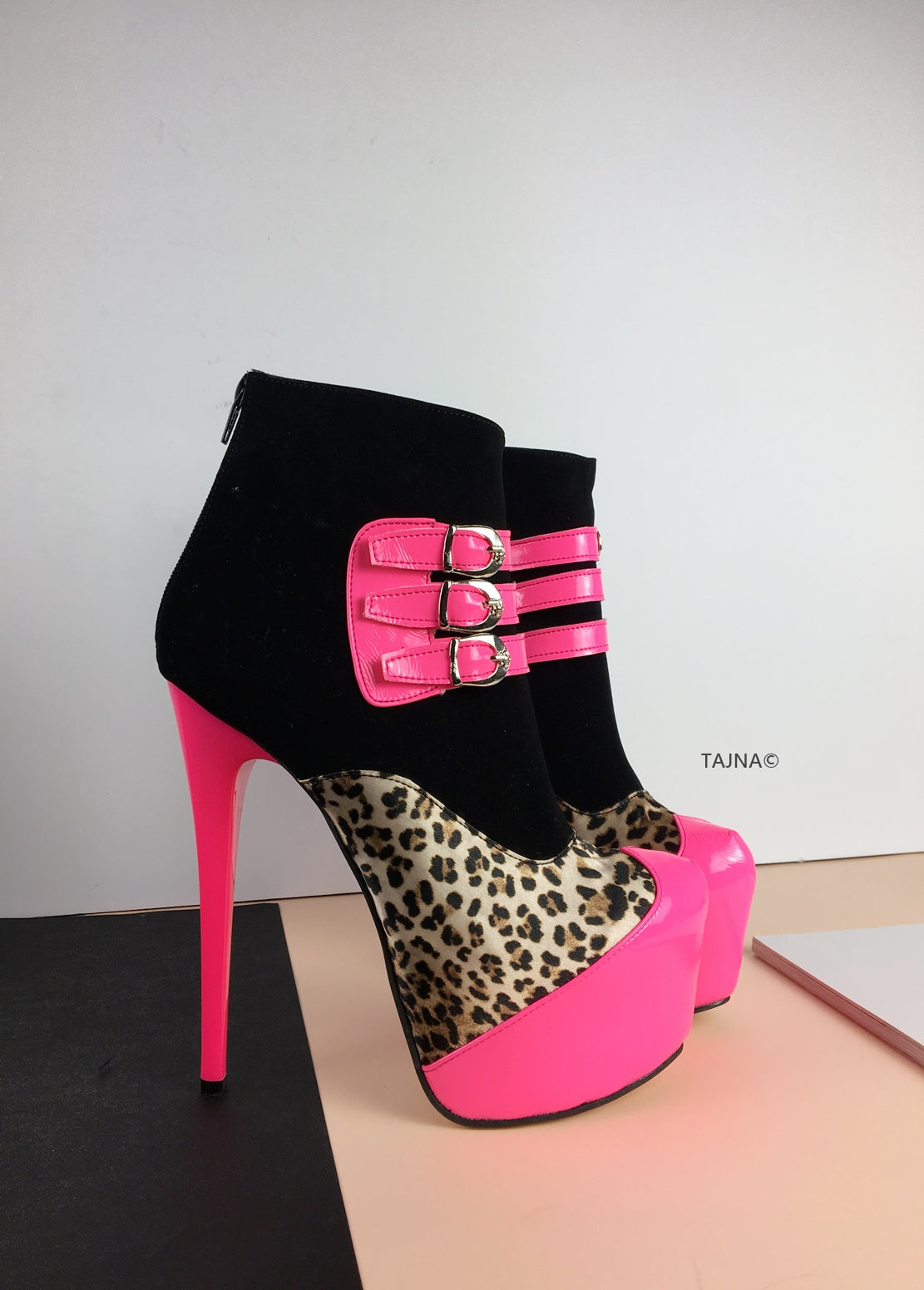 Pink Leopard Black Belted Boots - Tajna Club