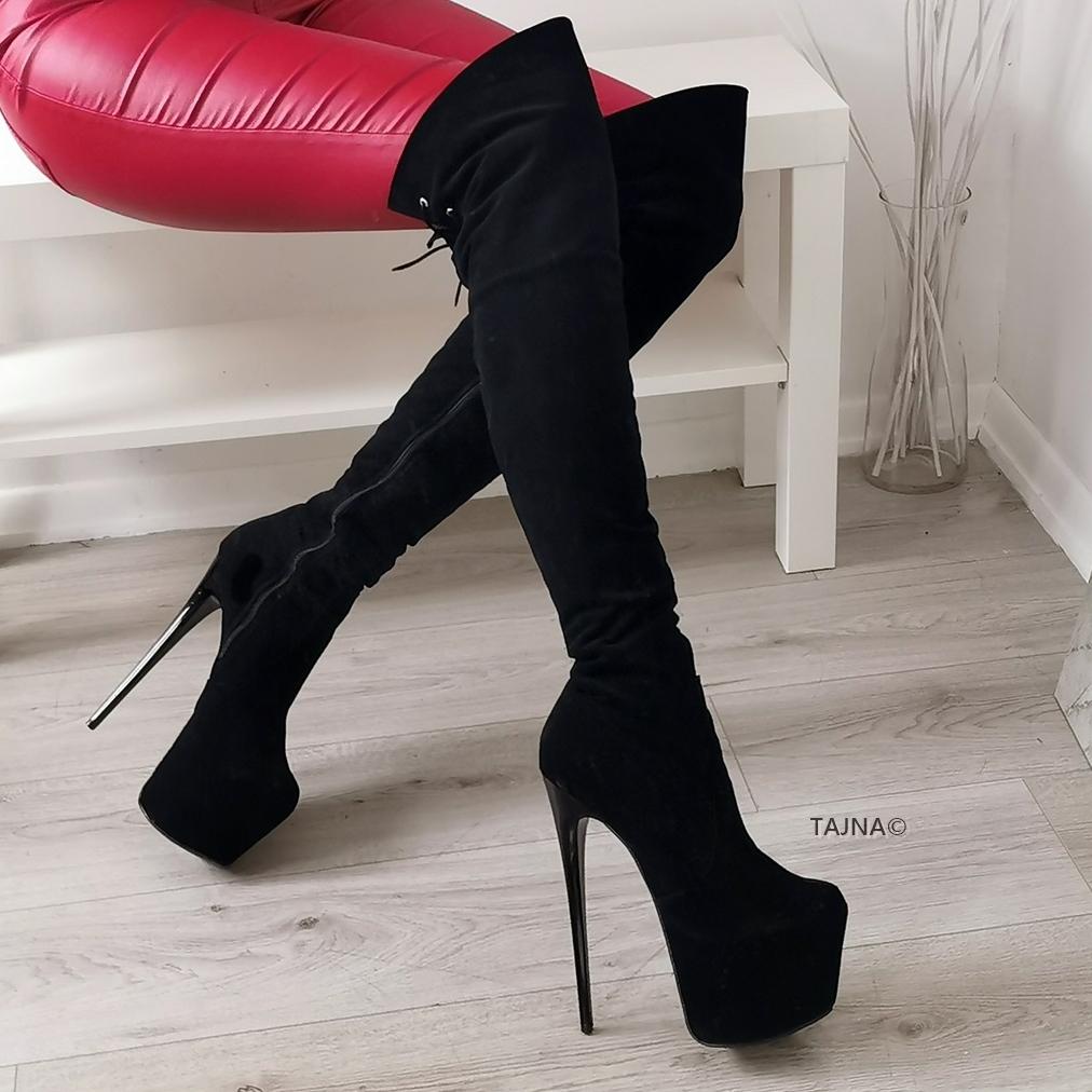 Black Suede High Heel Over the Knee Boots - Main Image