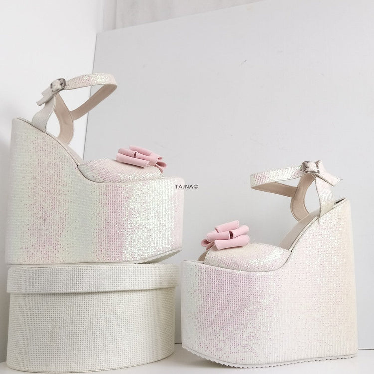 Shiny Ribbon High Heel Wedding Wedges - Tajna Club