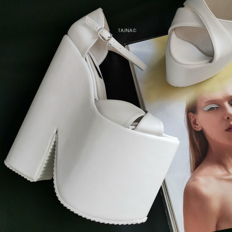 White Extreme Heel Strap Wedge Shoes - Tajna Club