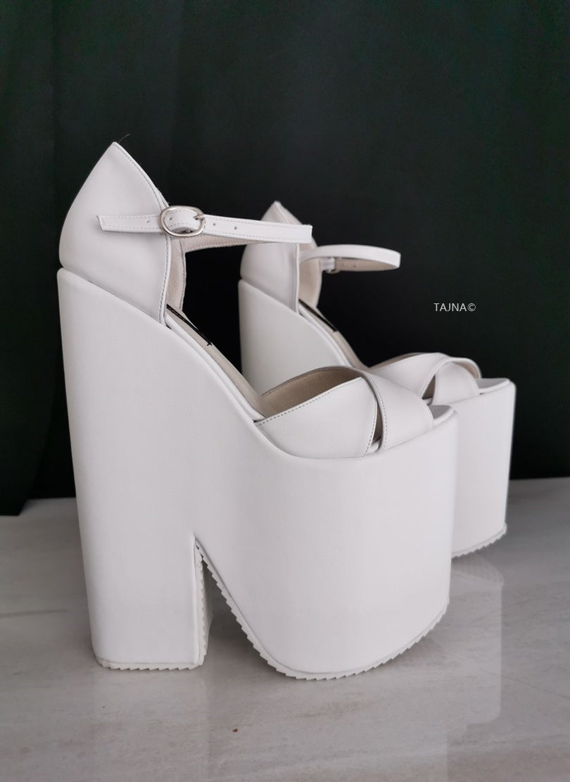 White Extreme Heel Strap Wedge Shoes - Tajna Club