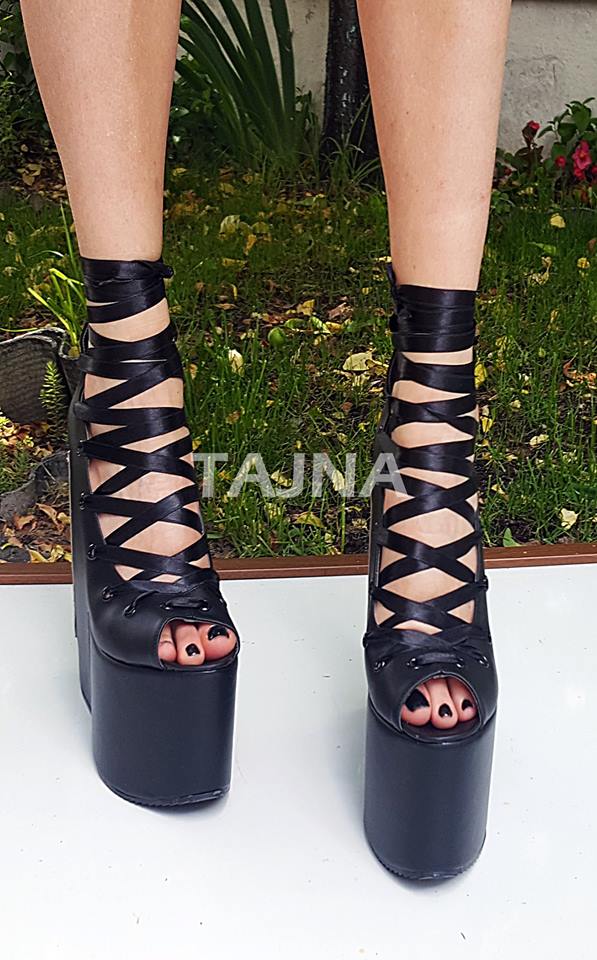 Black Platform Wedges Lace Up 20 cm High Heel Shoes - Tajna Club