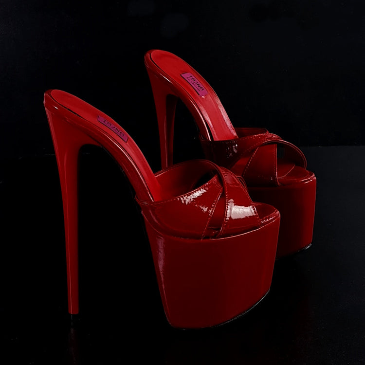 Red Gloss Cross Strap High Heel Mules Tajna Club
