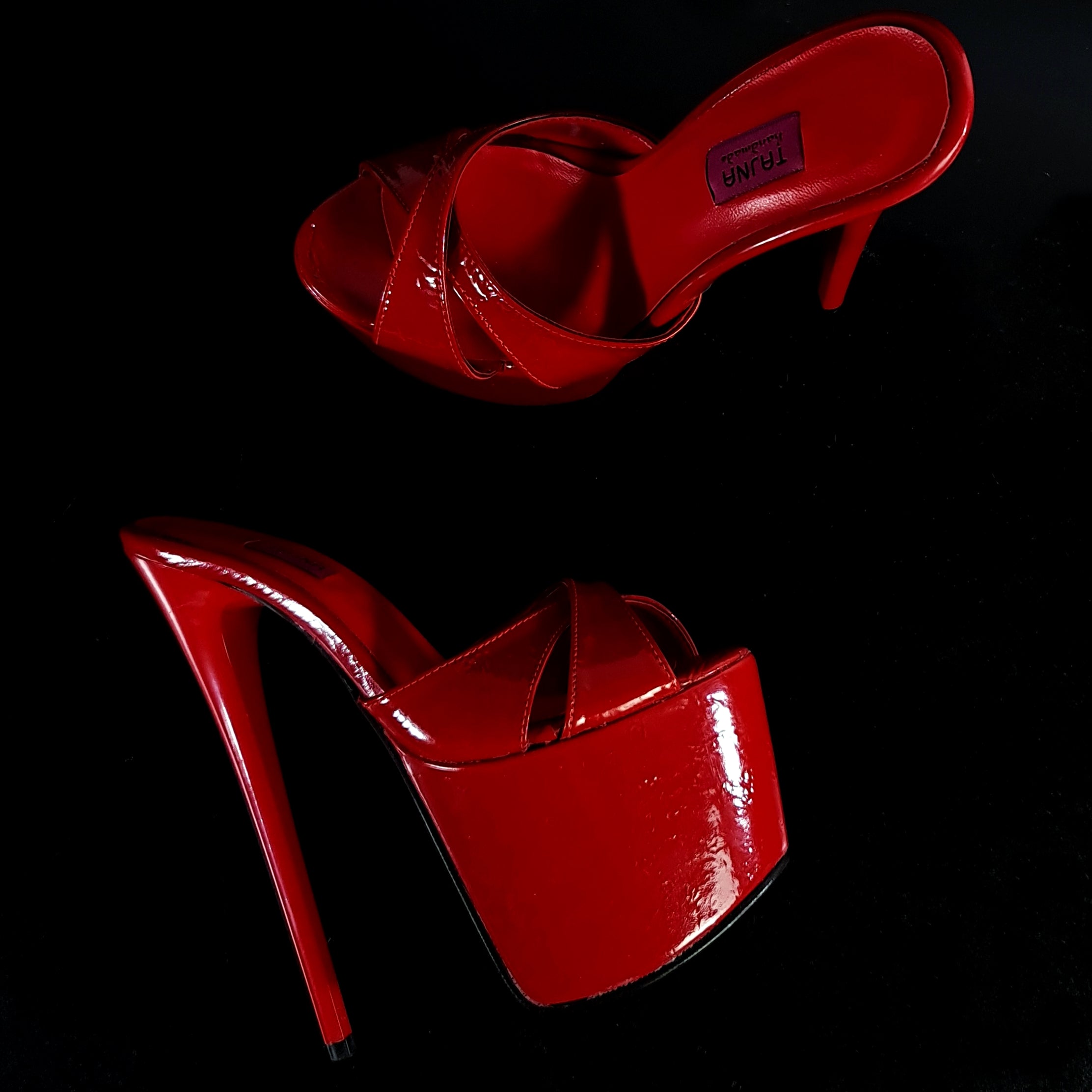 Red Gloss Cross Strap High Heel Mules Tajna Club