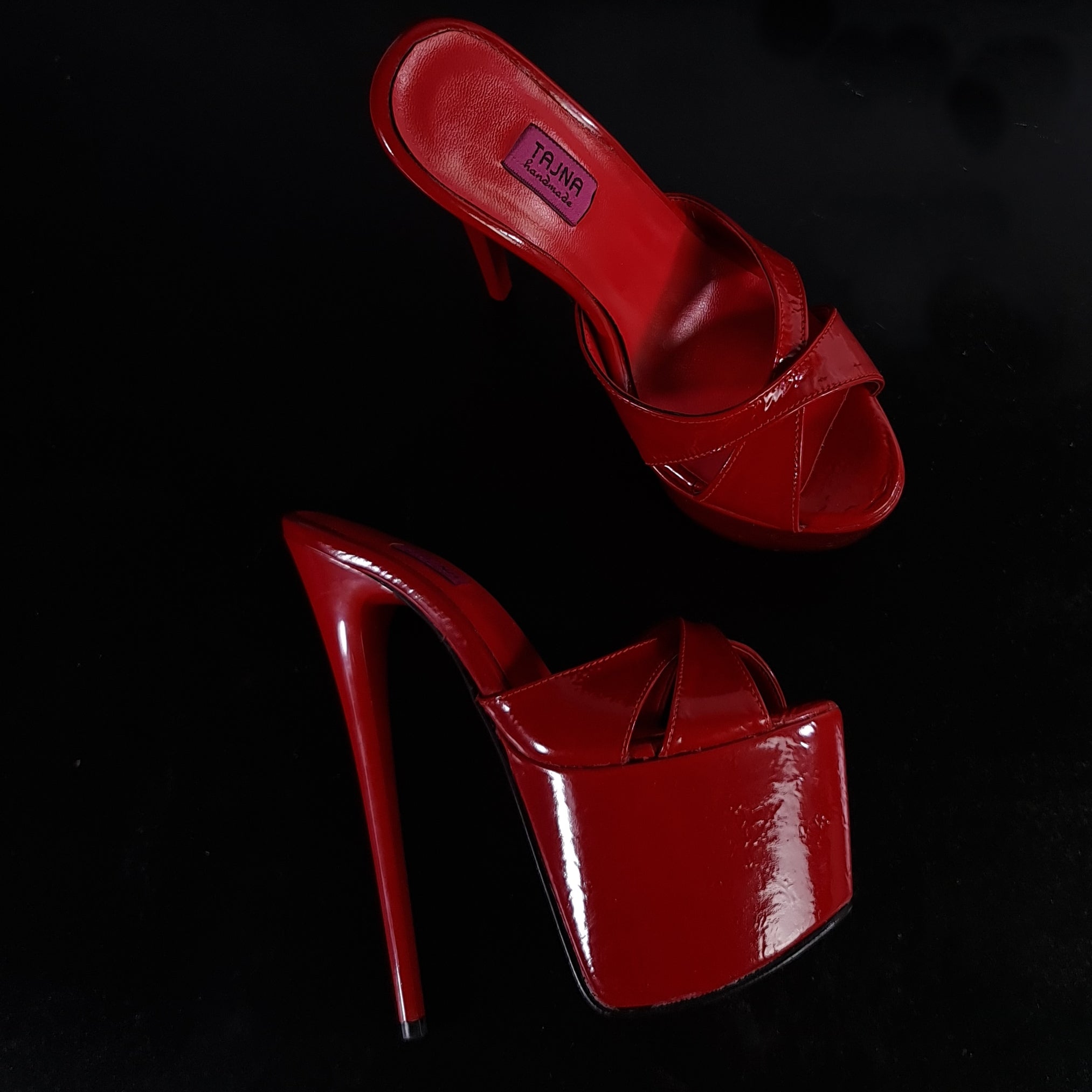 Red Gloss Cross Strap High Heel Mules Tajna Club