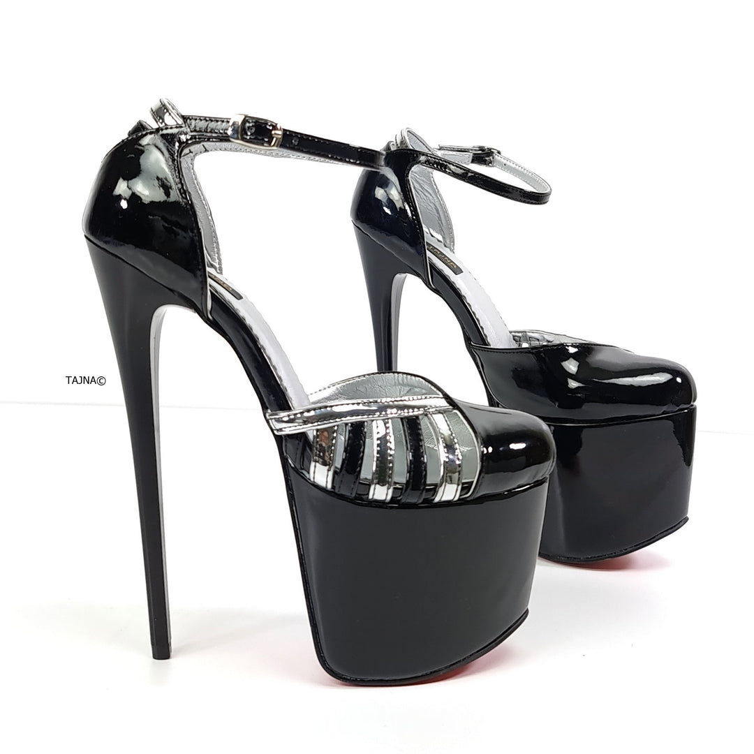 Silver Detail Black Gloss Ankle Strap Heels Tajna Club