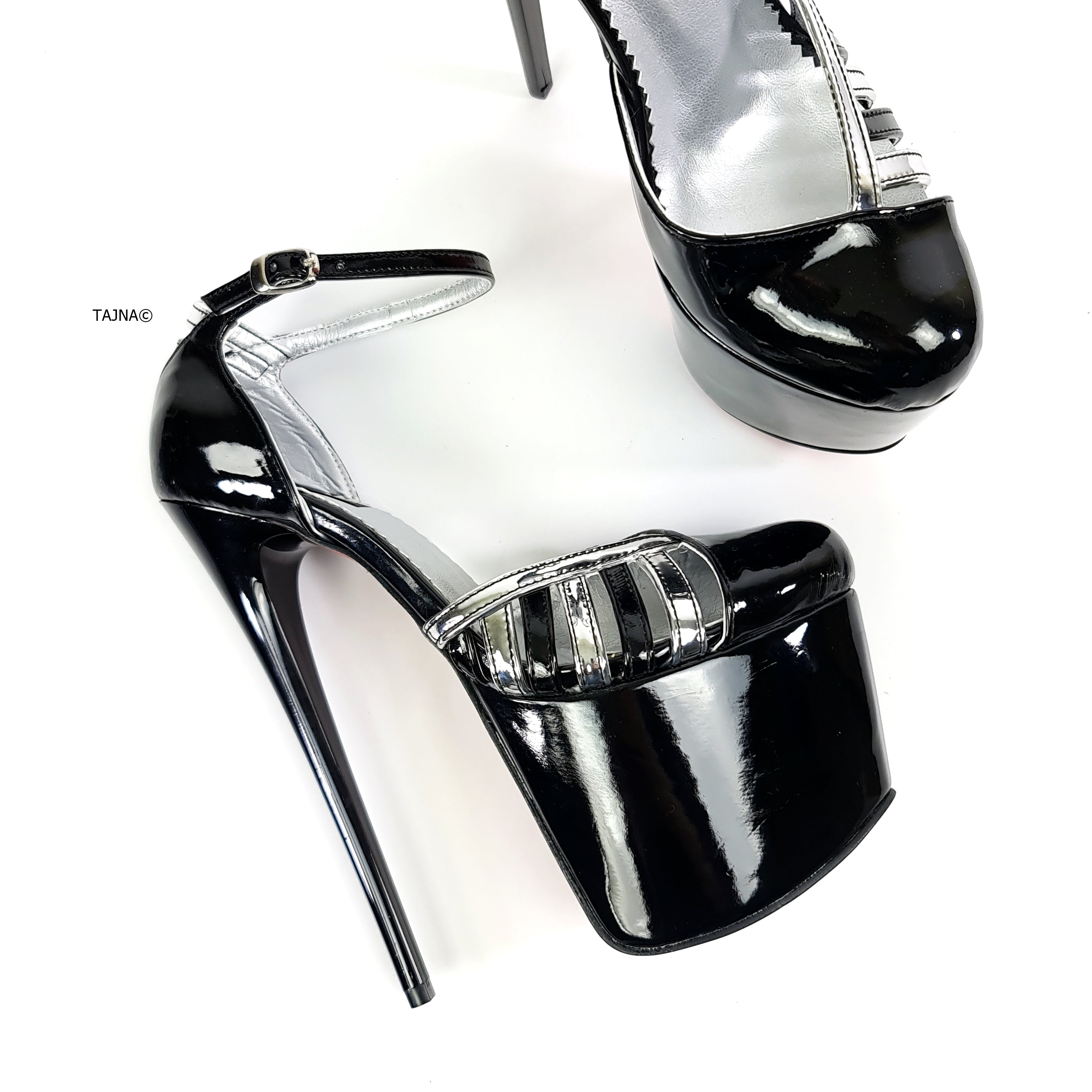 Silver Detail Black Gloss Ankle Strap Heels Tajna Club