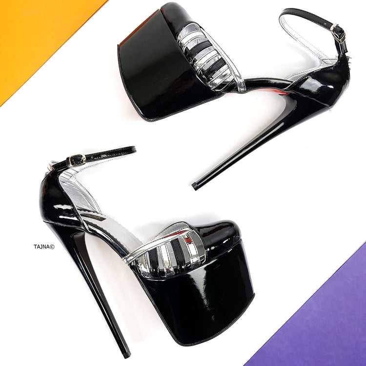 Silver Detail Black Gloss Ankle Strap Heels Tajna Club