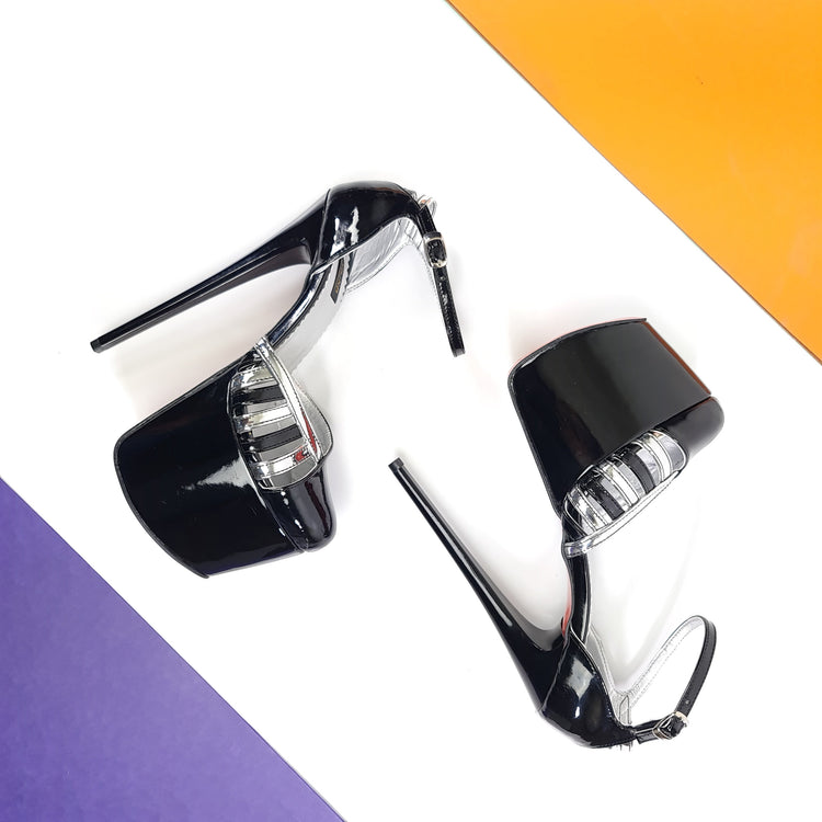 Silver Detail Black Gloss Ankle Strap Heels Tajna Club