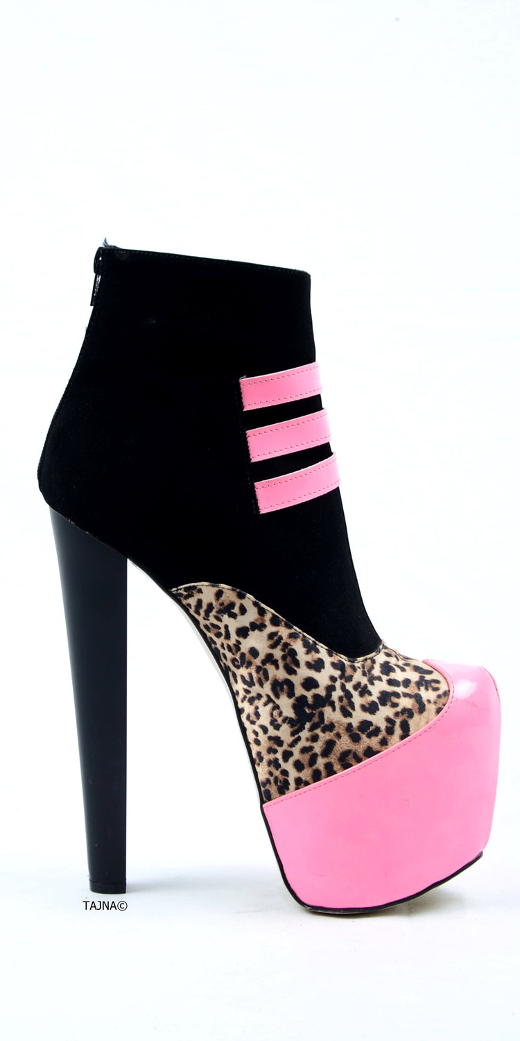 Pink Gloss Leopard Detail Ankle Heel Boots