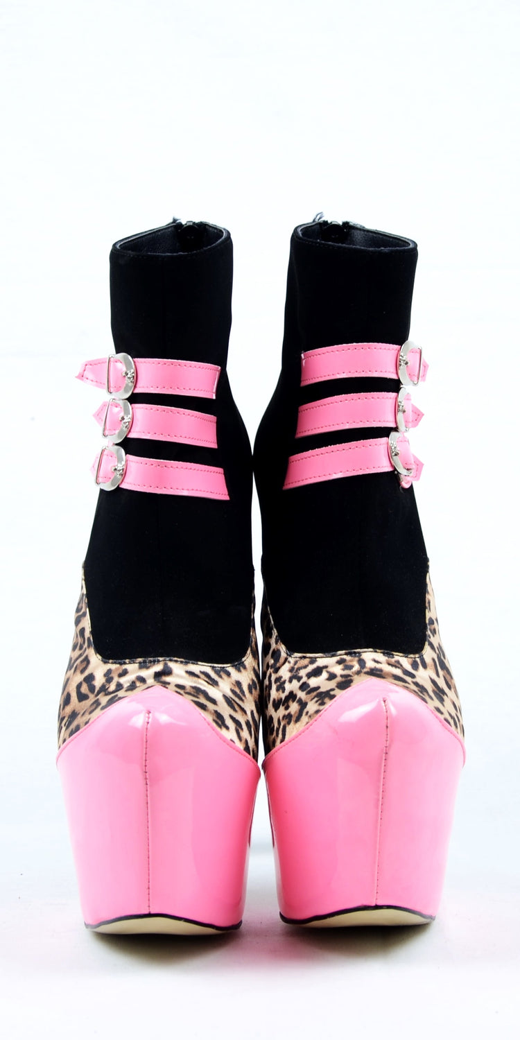 Pink Gloss Leopard Detail Ankle Heel Boots