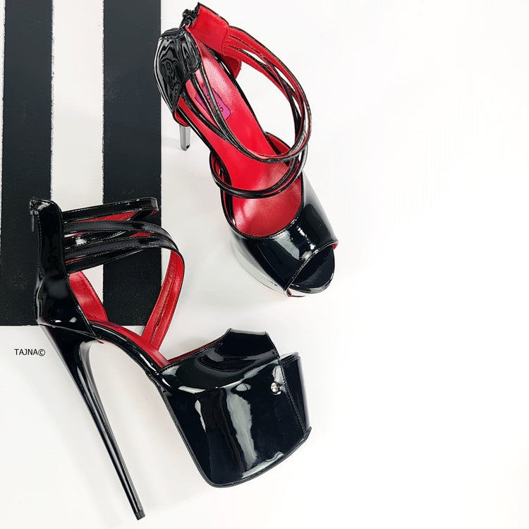 Black Gloss Cage Cross Strap High Heels