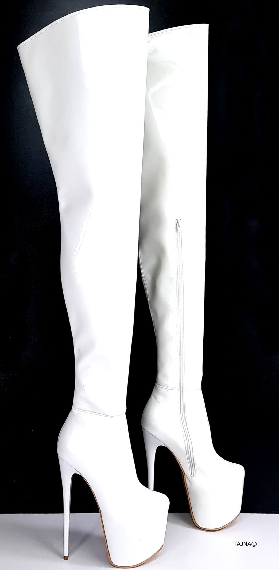 Glossy White Patent Thigh High Heel Boots