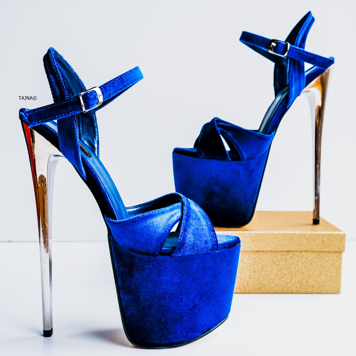 Royal Blue Velvet Metallic High Heel Sandals Tajna Club