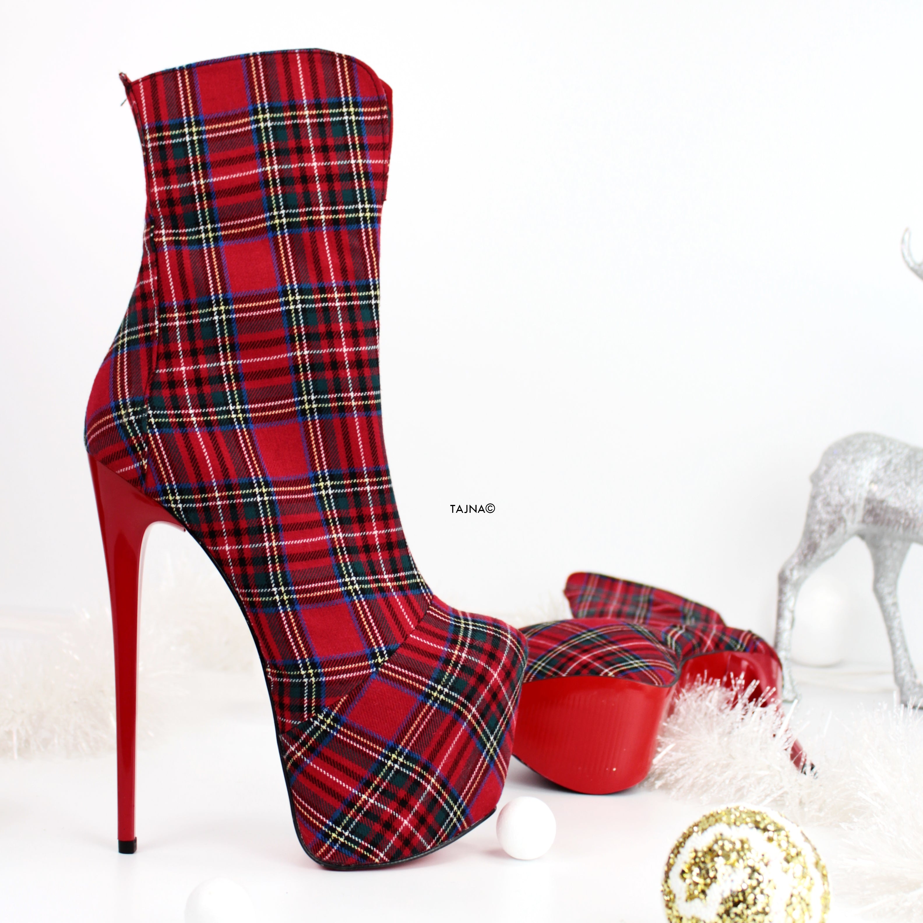 Tartan Red Plaid High Heel Ankle Boots - Tajna Club