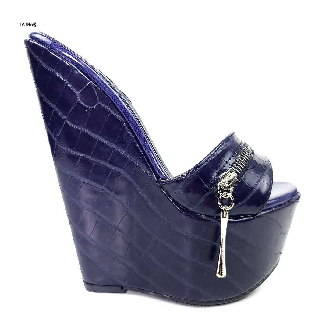 Dark Navy Green Croco Print High Heel Mules