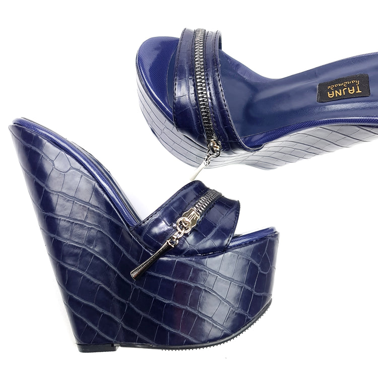 Dark Navy Green Croco Print High Heel Mules