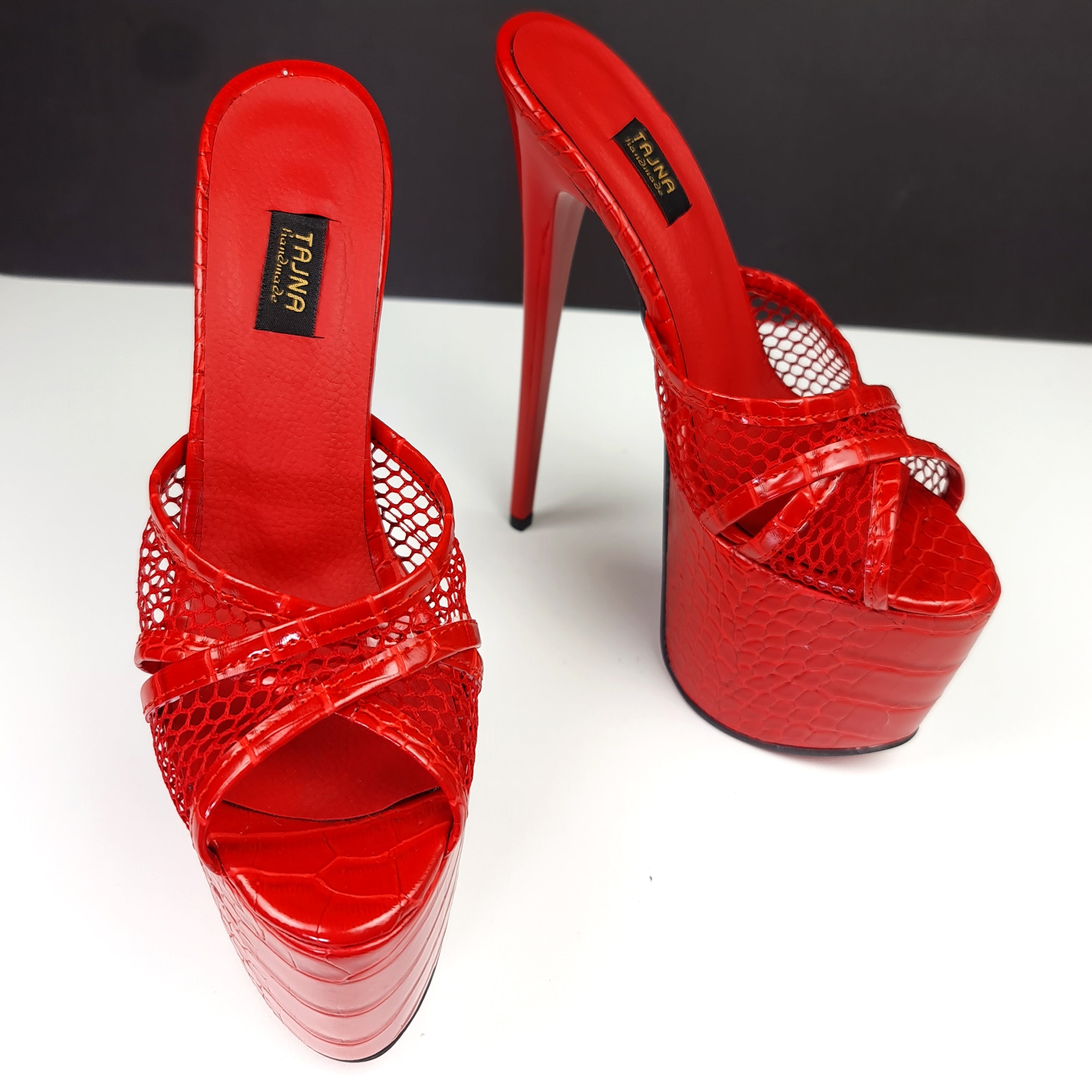 Red Croco Fishnet Strap High Heel Mules