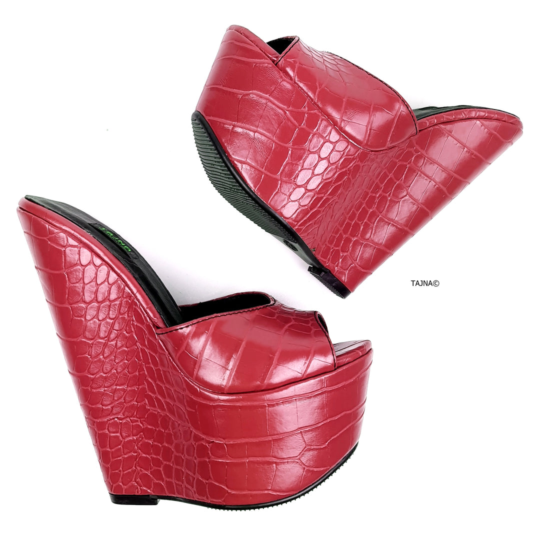 Purple Red Croco Print High Heel Mules