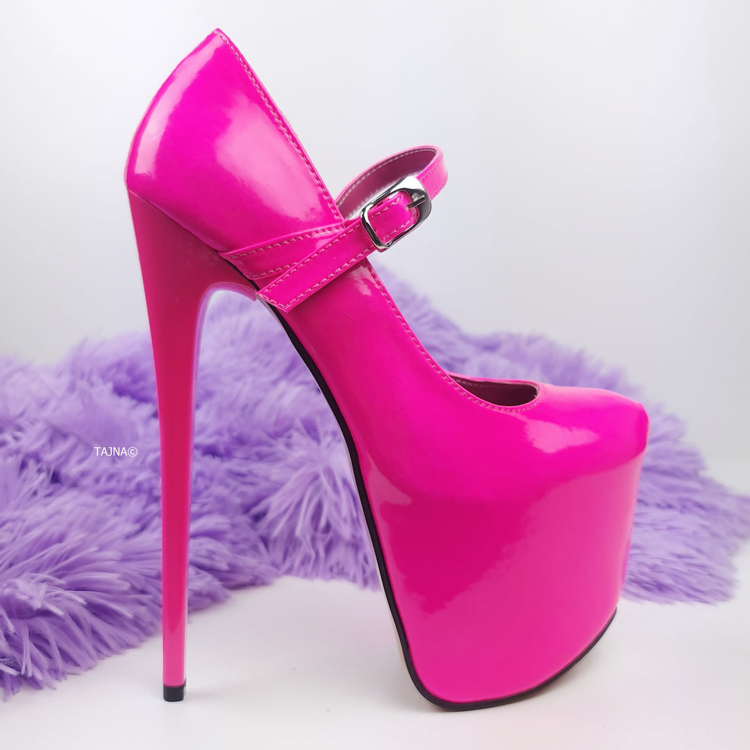 Neon Pink Gloss Mary Jane High Heel Pumps Tajna Club
