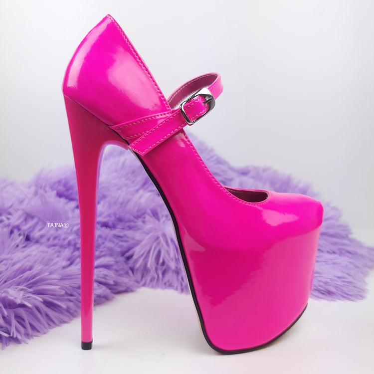 Neon Pink Gloss Mary Jane High Heel Pumps Tajna Club
