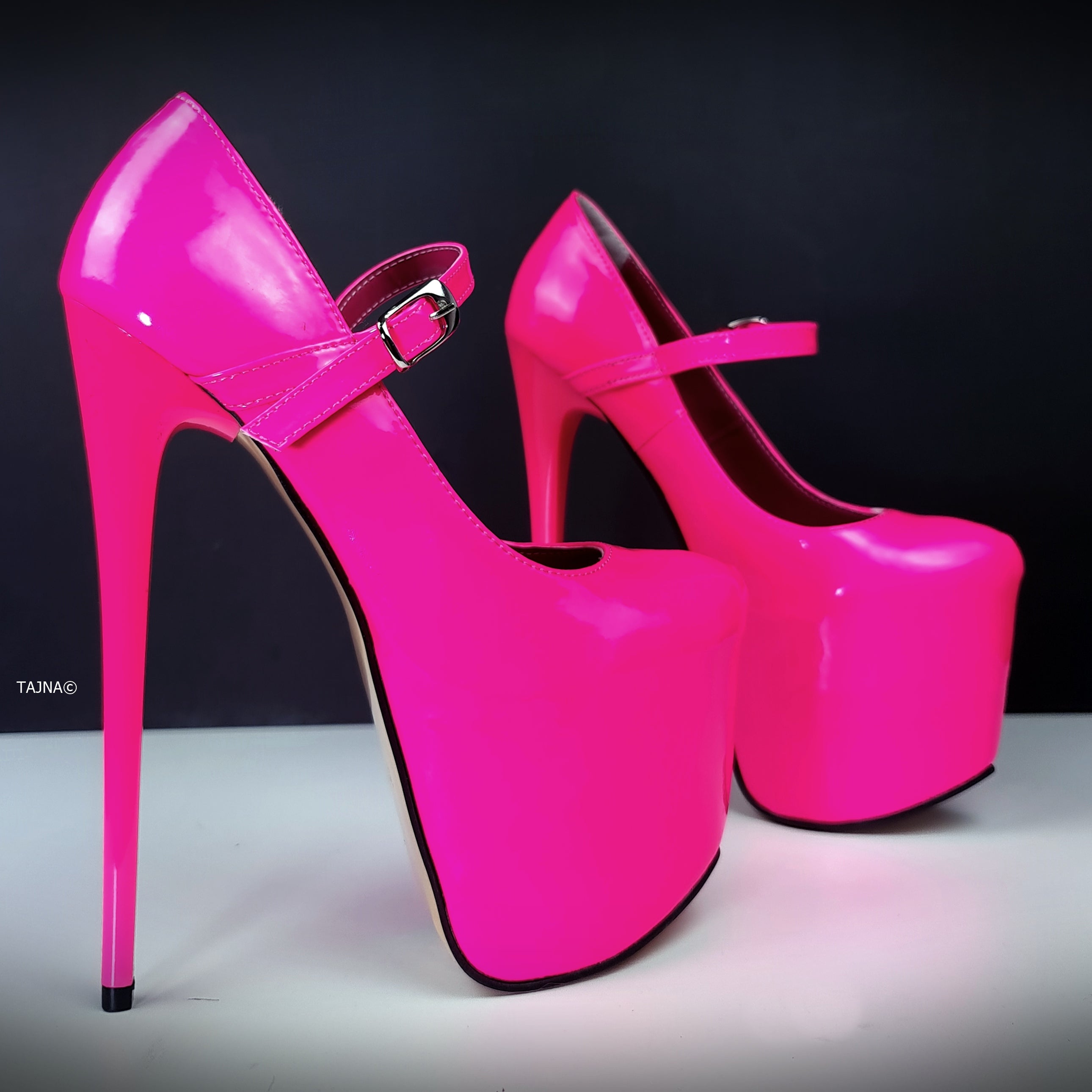 Neon Pink Gloss Mary Jane High Heel Pumps Tajna Club