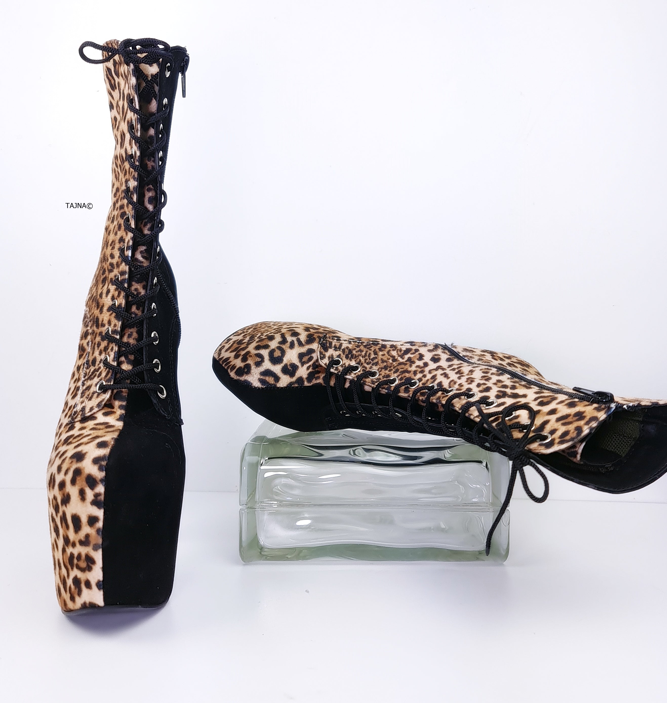 Multi Colour Black Suede Leopard Lace Up Boots Tajna Club