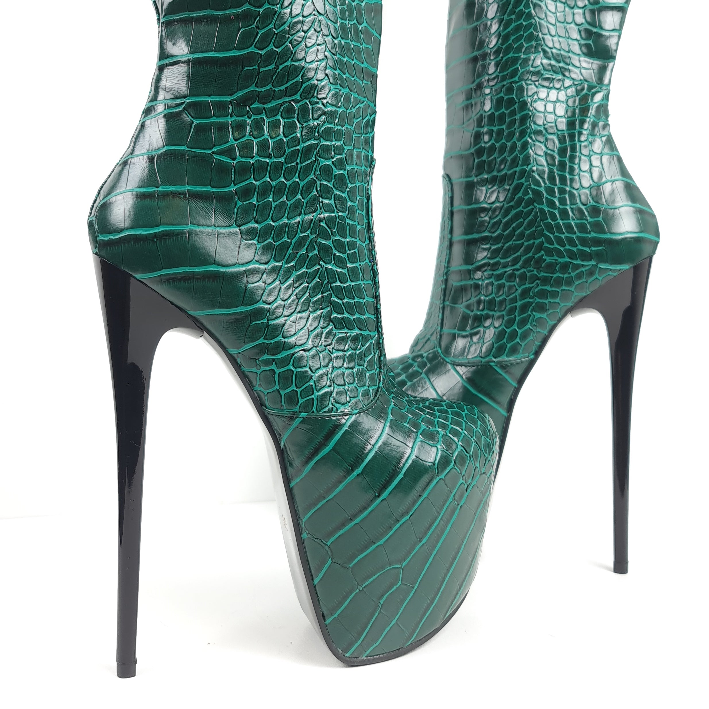 Green Croco Mid Calf High Heel Boots  Tajna Club