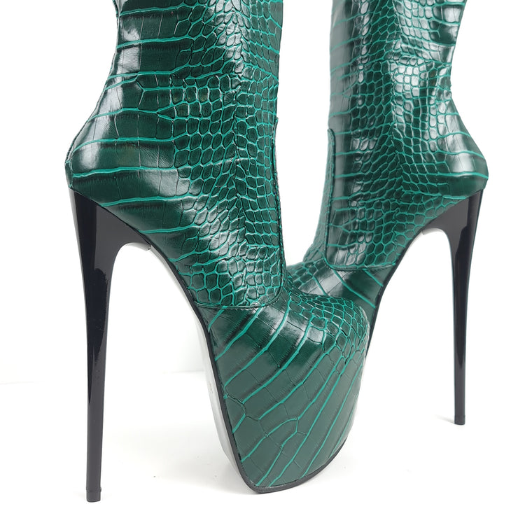 Green Croco Mid Calf High Heel Boots  Tajna Club