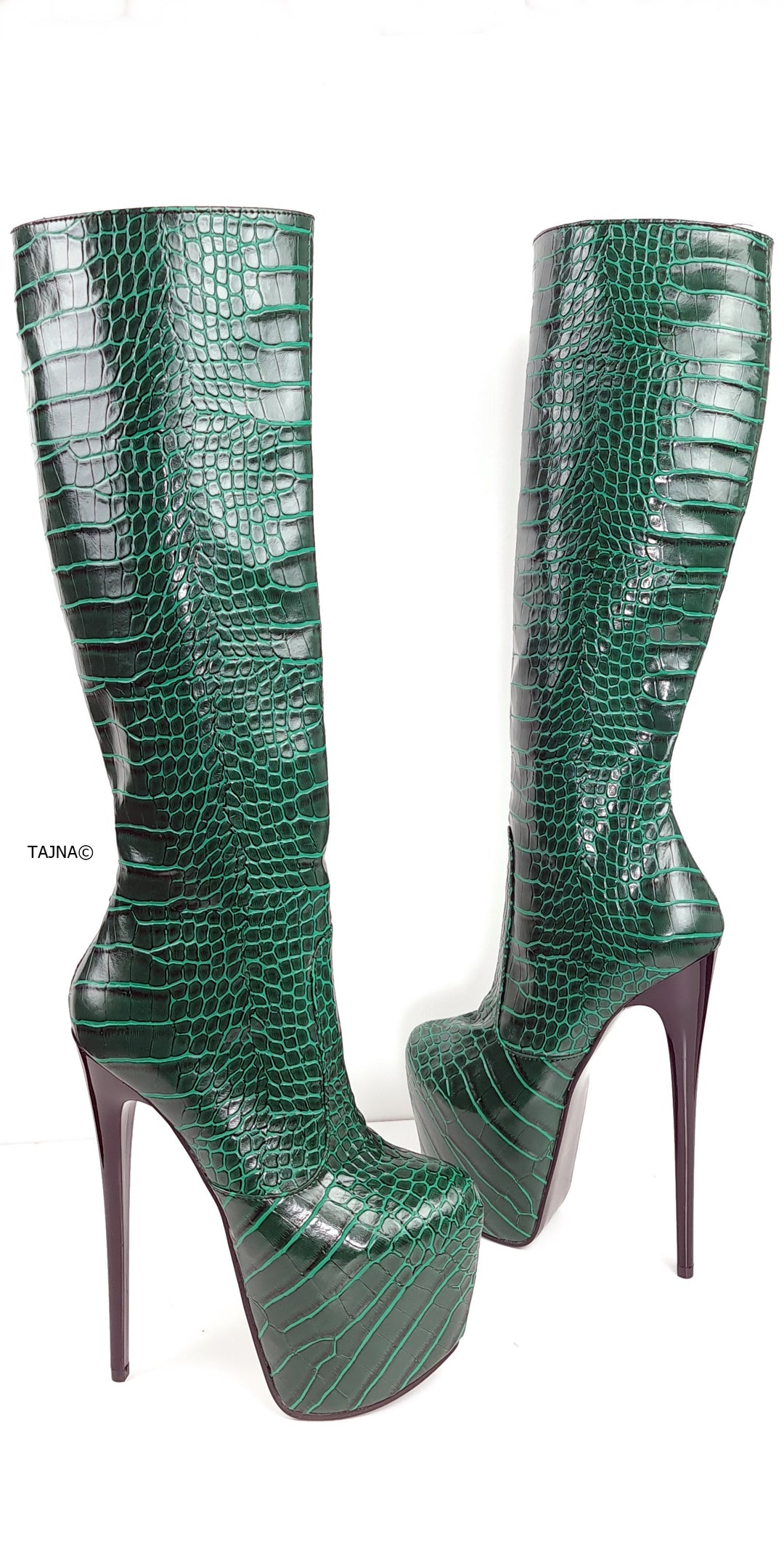 Green Croco Mid Calf High Heel Boots  Tajna Club